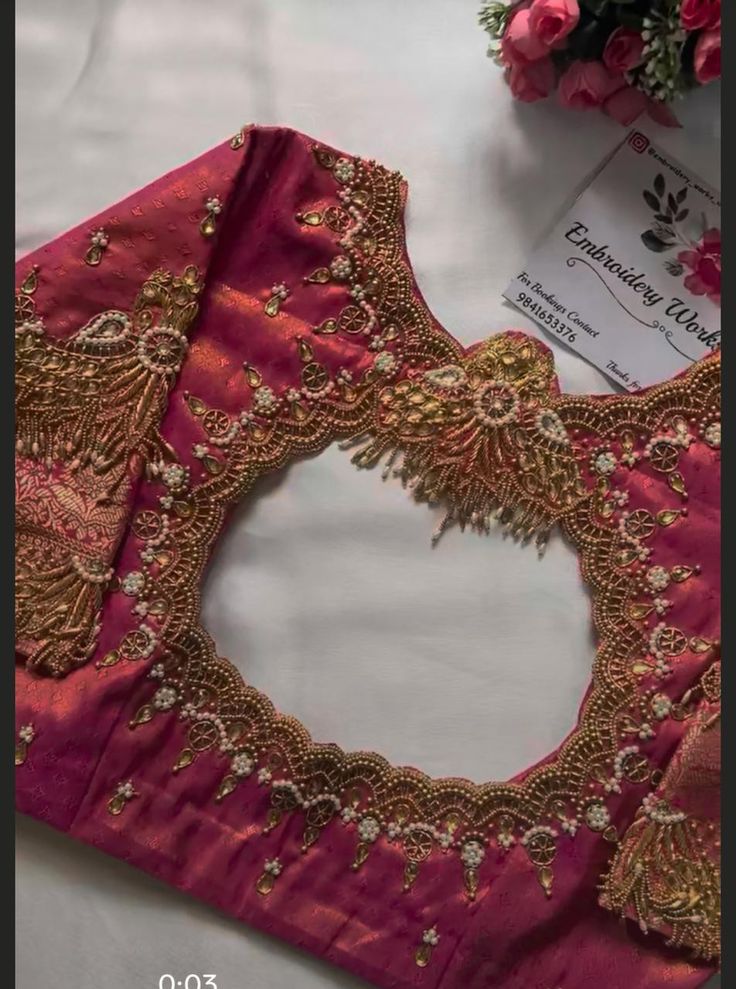 Mauve blouse with pearl neckline embroidery